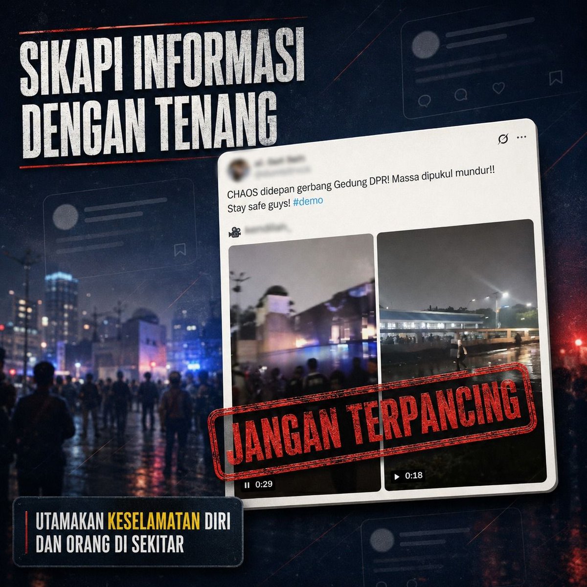 pococom400's tweet photo. Jangan biarkan aksi kemarin ternodai oleh provokasi dan berita bohong. Saring sebelum sharing, lawan anarkisme dengan pemikiran jernih. Tetap kritis, tetapi utamakan ketertiban demi keselamatan bersama! ✊🇮🇩

#WaspadaHoaks #HindariAnarkisme #JagaIndonesia #StopHoaks https://t.co/8vPChuGsgC
