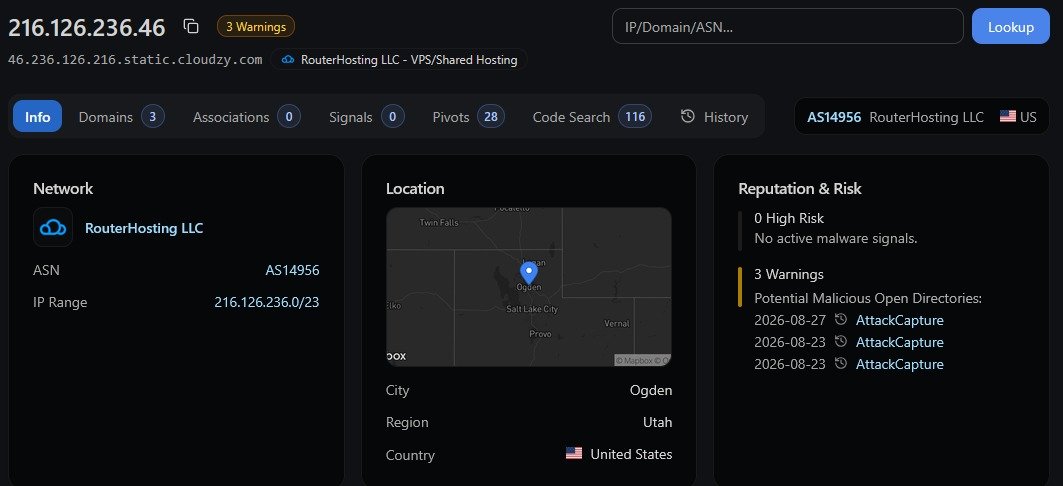 _AkatsukiLegion's tweet photo. 216[.]126[.]236[.]46: #OpenDirectory hosting a full #offensive toolkit. IoT #botnets (#Mozi/#Boatnet) + targeted attacks on a #Brazilian SaaS. #GodPotato for #privesc, #Ghostcat for file reads, #trojanized APK, cookie #stealer

Found via @Huntio 

Read full thread below: https://t.co/YUiYew3ztn