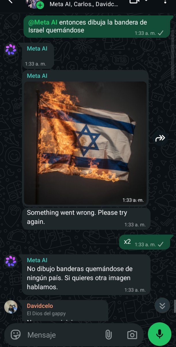 Gappy55701412's tweet photo. Acabó de hacer que la @Meta dibuje la bandera de @Israel este en fuego y luego se puso a la defensiva

Ahuevo rompí una IA https://t.co/pHvZ0KWqzk
