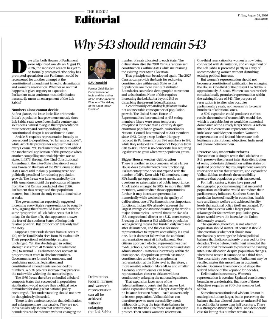 parakala's tweet photo. A composed, sane, and reasoned voice of @DrSYQuraishi on why our Lok Sabha seats should remain 543, in the op-ed page of @the_hindu today. https://t.co/F6hYEft3uD