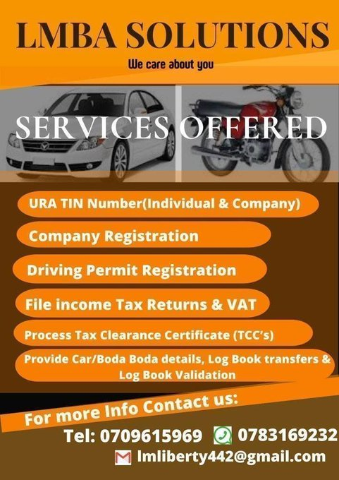 LibertyMbabazi's tweet photo. Deal in URA TINs, File Tax returns, Provide Motorvehicle/Motorcycle details, Printing &amp; Transferring their logbooks https://t.co/JA3WySCO7i