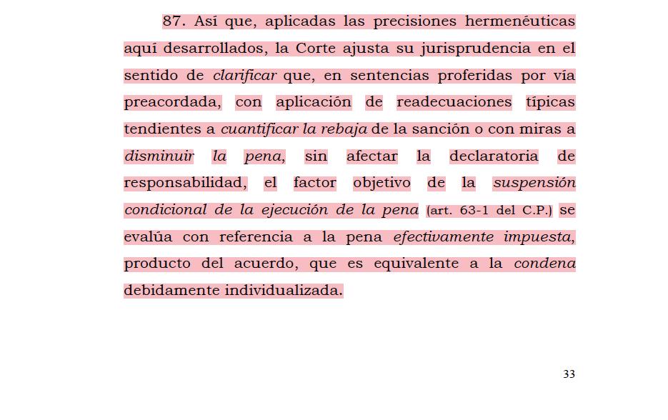 Melovides's tweet photo. ¿Cuál es la pena que se debe tener en cuenta para la suspensión de la ejecución de la pena para un proceso que terminó por preacuerdo?

La Sala de Casación Penal de la Corte Suprema de Justicia acaba de precisar que en los procesos que terminan por preacuerdo, el factor objetivo relativo a la pena será a la efectivamente impuesta, producto del acuerdo, que es equivalente a la condena debidamente individualizada.

Esto descarta que la pena a aplicar sea la pena abstracta del delito por el que se condena.

Corte Suprema de Justicia. Sala de Casación Penal. Radicado 64046.

Enlace: (Canal de WhatsApp) https://t.co/S9zqr2rrZp