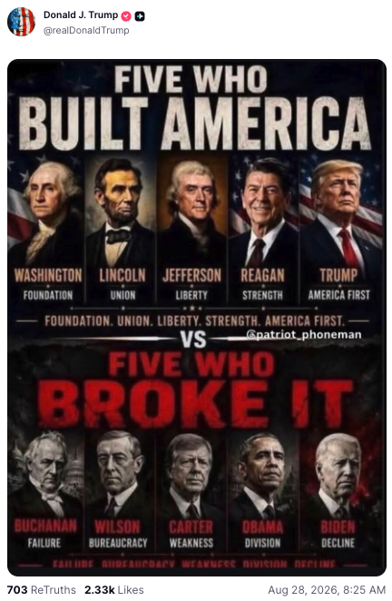 AaronBlake's tweet photo. Trump post yesterday: Woodrow Wilson was a "great" president

Trump post today: Woodrow Wilson "broke" America with "bureaucracy" https://t.co/fJg3Jsyn3I