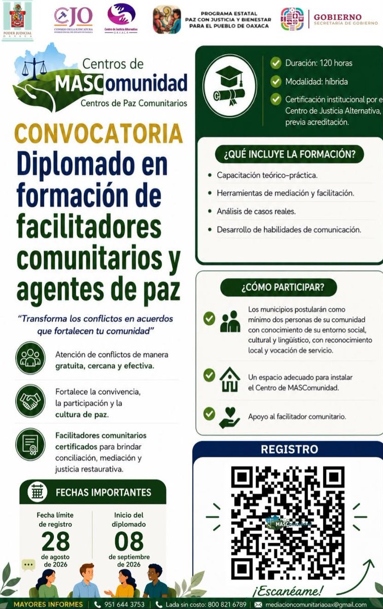 tsjoaxaca's tweet photo. ÚLTIMO DÍA 📢
El Poder Judicial del Estado de Oaxaca, invita a las autoridades municipales a formar parte de la Segunda Generación del Diplomado en Formación de Facilitadores Comunitarios y Agentes de Paz.
#NoTeQuedesFuera Construyamos juntos comunidades más participativas y comprometidas con la cultura de paz.