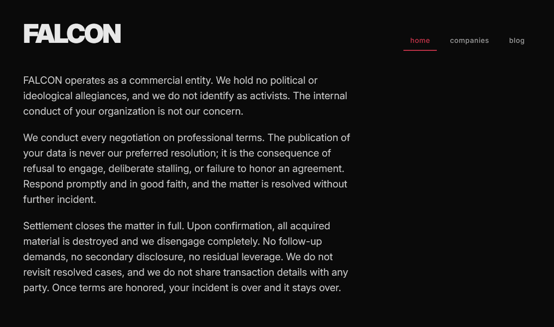 fbgwls245's tweet photo. New Falcon #Ransomware Leak Site

2 Victims

/i7loab6thvz4lb7jdr3qoeumbvilwhbgnwsctnlfmvsv7g5s3vsiw6yd[.]onion https://t.co/9CXotwTefX