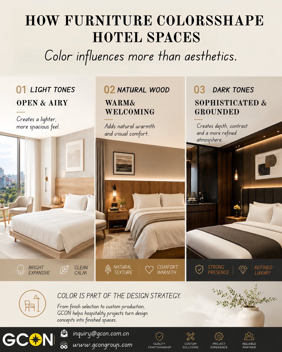 gconfurniture's tweet photo. Furniture color can change how a hotel room feels.
Light → Open
Wood → Warm
Dark → Sophisticated
The right finish supports the space, lighting and brand.
#HotelDesign #HospitalityDesign #HotelFurniture #HospitalityFurniture #FFandE #HotelInterior #InteriorDesign #Furniture https://t.co/GgW5EO8SyC