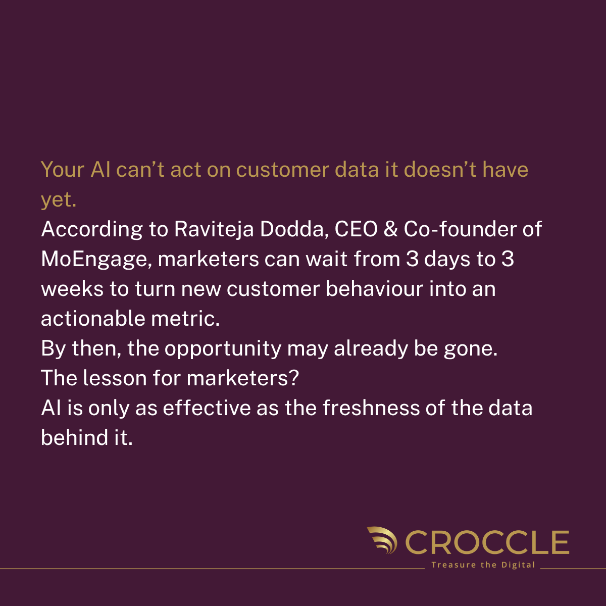itscroccle's tweet photo. AI can move fast.
Your data needs to move faster.
If customer behaviour takes weeks to become actionable, the opportunity may already be gone.
Fresh data is what makes AI useful.
#AI #Marketing #DigitalMarketing #Croccle https://t.co/0NbCHF1o3Y