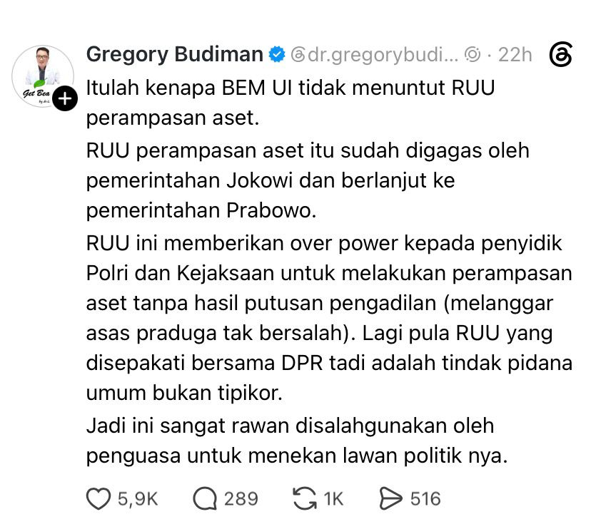 LambeSahamjja's tweet photo. alasab BEM UI tidak nuntut ruu perampasan aset pov dari dokter budiman:
- ruu ini digagas era jokowi terus lanjut ke era prabowo
- ruu ini kasih over power ke polri dan kejaksaan 
- buat rampas aset tanpa putusan pengadilan
- itu ngelanggar asas praduga tak bersalah
- ruu ini ranahnya tindak pidana umum bukan tipikor
- makanya rawan disalahgunain penguasa 
- buat tekan lawan politik