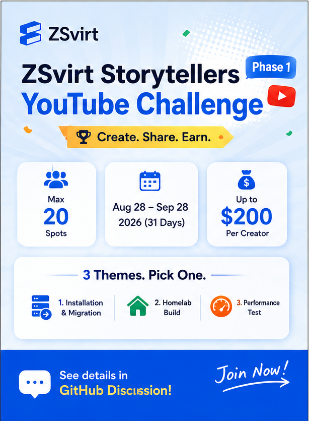 ZSvirt's tweet photo. ZSvirt Storytellers is now open ποΈ
Create a ZSvirt video on YouTube.
π° Earn up to $200 based on views
π First creator from your region: +$20
π₯ Only 20 spots available
https://t.co/fbzM7rUNAx
#VMware #Virtualization #Homelab #OpenSource #YouTube #ZSvirt https://t.co/ulMKXVFNN5