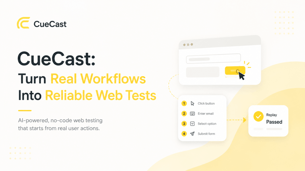 BladePipe's tweet photo. The first UI test is easy. Keeping it reliable isn’t.

That’s why we built CueCast — a no-code web testing platform that turns real user workflows into repeatable regression tests.

Record once. Replay reliably. Fix faster.
👇
https://t.co/u1Buqz9Ttw

#TestAutomation #UITesting #QA