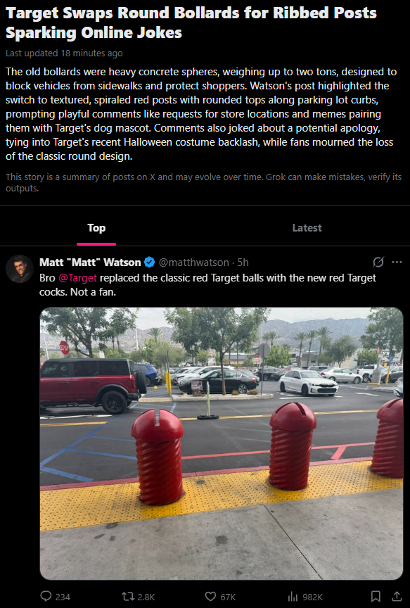 DevyOnChain's tweet photo. Target swapped their round bollards for ones shaped like a fucking cock

A new page trending with users calling it "Red Target Cock"

Top post already has million views in just a few hours https://t.co/7OZAybdDRx