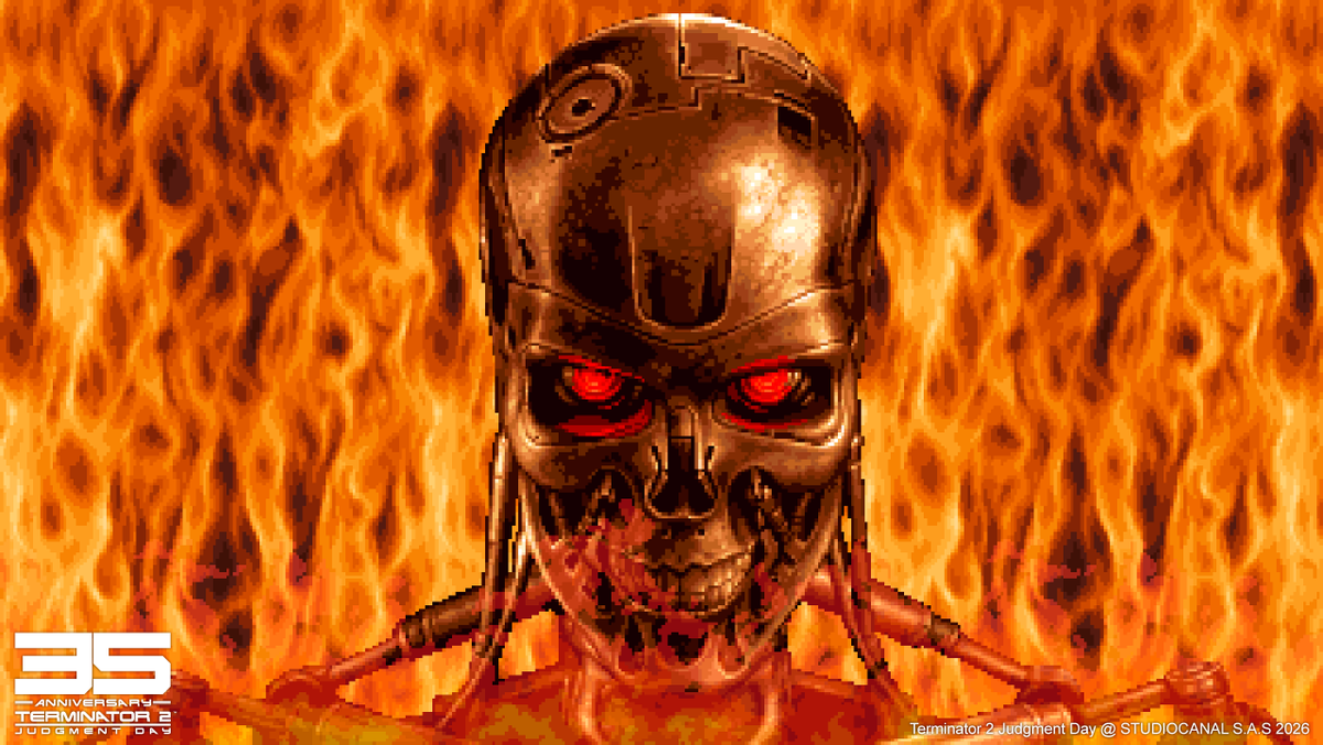 Reef_Games's tweet photo. "The 35th anniversary of Terminator 2. Still as powerful as when it was first released in my opinion. I  never would have thought to be a part of this legacy by creating our game in 2025. Really thankful!

The title attract sequence for the game was so much fun to create, inspired by the initial T2 movie teaser and extended for our game. Some extra pixelated T-1000 morphing animation frames were created for this segment." - Henk (Bitmap Art Director)

@StudiocanalUK @StudiocanalFR @JimCameron
#JudgmentDay #StudioCanal #Terminator2 ##ArnoldSchwarzenegger #JamesCameron