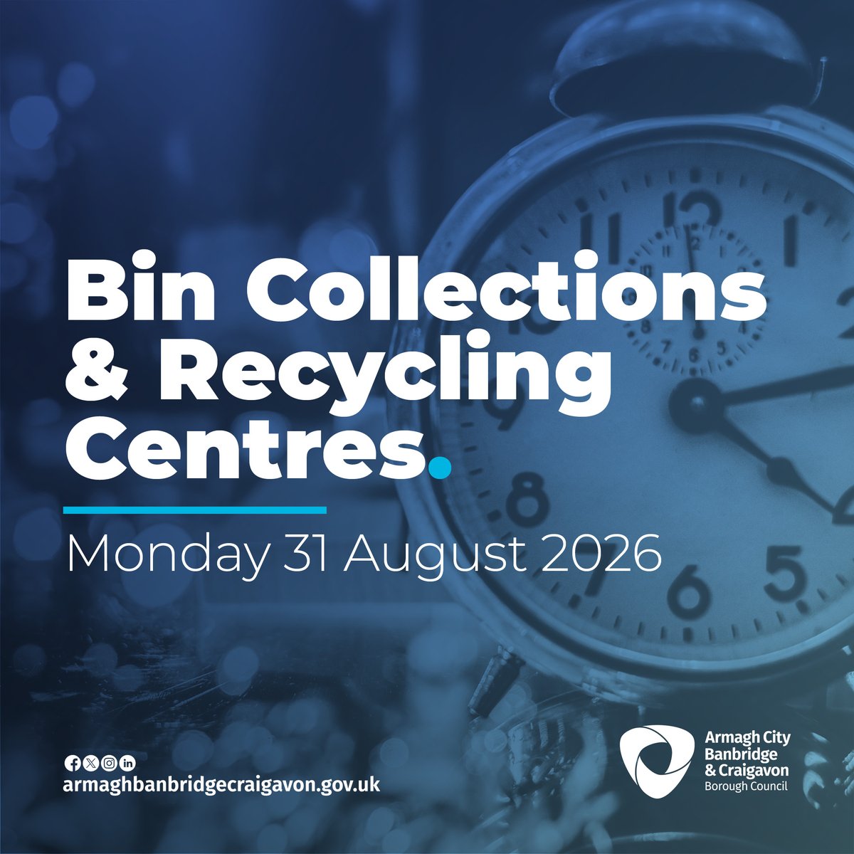 abcb_council's tweet photo. 📢Reminder - Bank holiday arrangements (Monday 31 August)

🗑️Bins will be collected as normal. Please leave your bin out by 7am.
♻️Recycling centres will be closed.

ℹ️Find out about the bank holiday arrangements for all council services and facilities at https://t.co/ZPnRBVKaKr https://t.co/3VIVSXIAxB