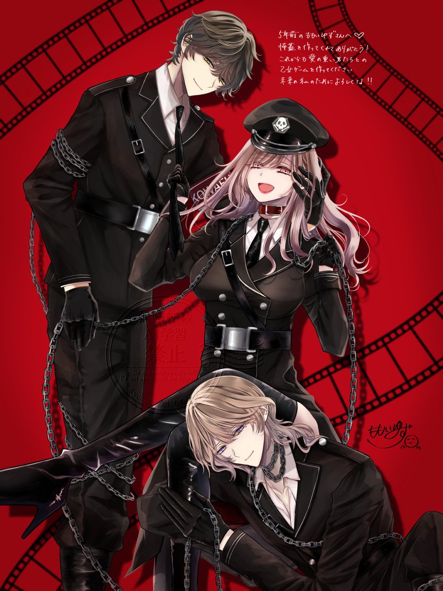 yuzumomoi's tweet photo. 作者による作者のための『怖いモノには蓋をしろ』セルフFA🎉
怖蓋FDおまけ後の三人概念（軍服はただの癖♡）
これからも怖蓋愛重男子ーずをよろしくお願いします！
#oc #乙女ゲーム https://t.co/5raBI0OyJq