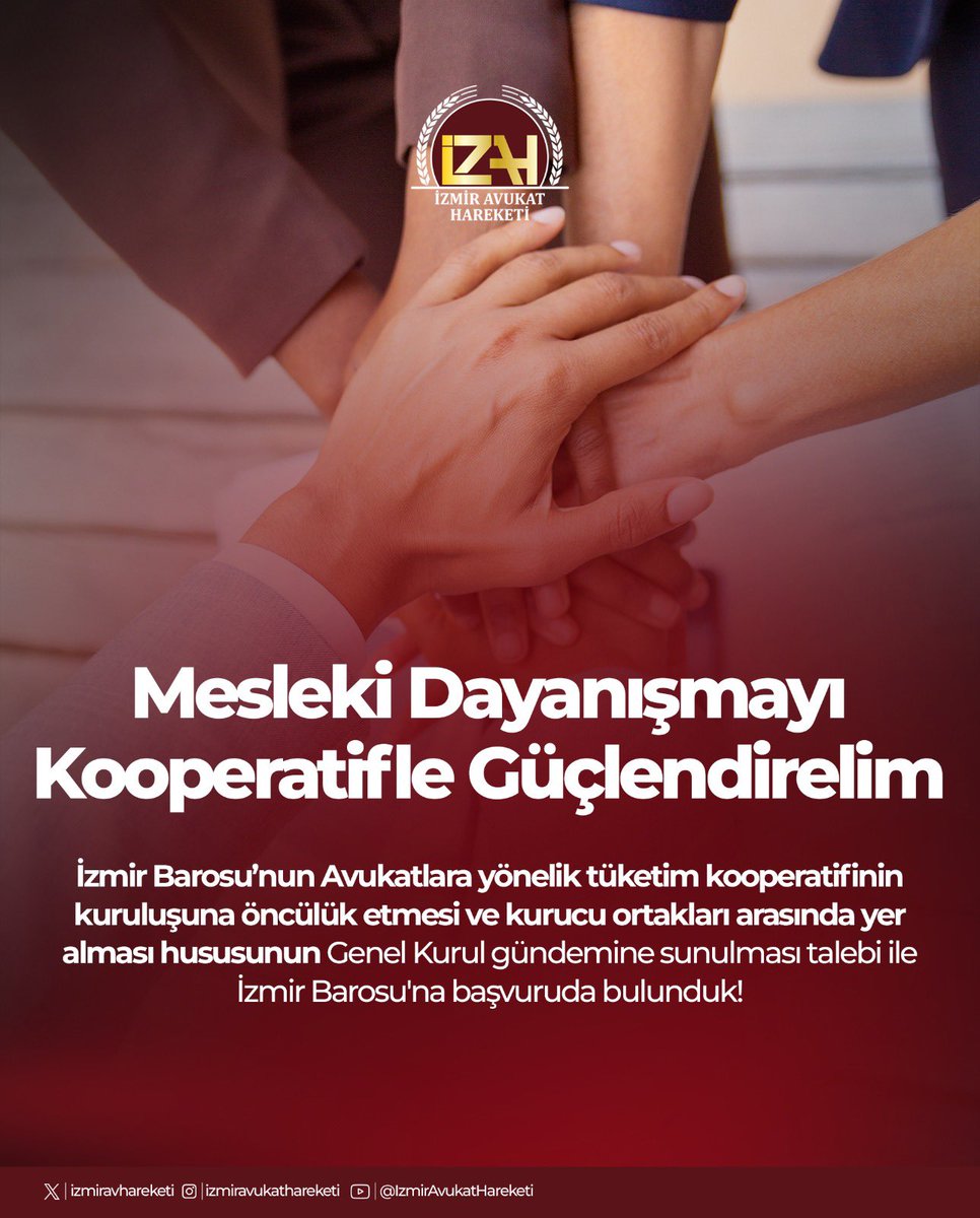 izmiravhareketi's tweet photo. Mesleki Dayanışmayı Kooperatifle Güçlendirelim!

Büro giderleri ve kırtasiye maliyetleri her geçen gün artarken, mesleğimizin ekonomik yükünü hafifletecek somut bir adım atıyoruz! İzmir Avukat Hareketi olarak; İzmir Barosu’nun avukatlara yönelik bir tüketim kooperatifinin kuruluşuna öncülük etmesi ve kurucu ortaklar arasında yer alması talebimizi Baro Başkanlığı’na ilettik. Mesleki dayanışmayı kağıt üstünden çıkarıp gerçeğe dönüştürüyoruz!

Meslektaşımızın hayatını kolaylaştıracak, ekonomik yükü azaltacak bu adıma hep birlikte sahip çıkıyoruz.

#YalnızDeğilsinİzahVar #İzmirAvukatHareketi #İzmirBarosu #TBB