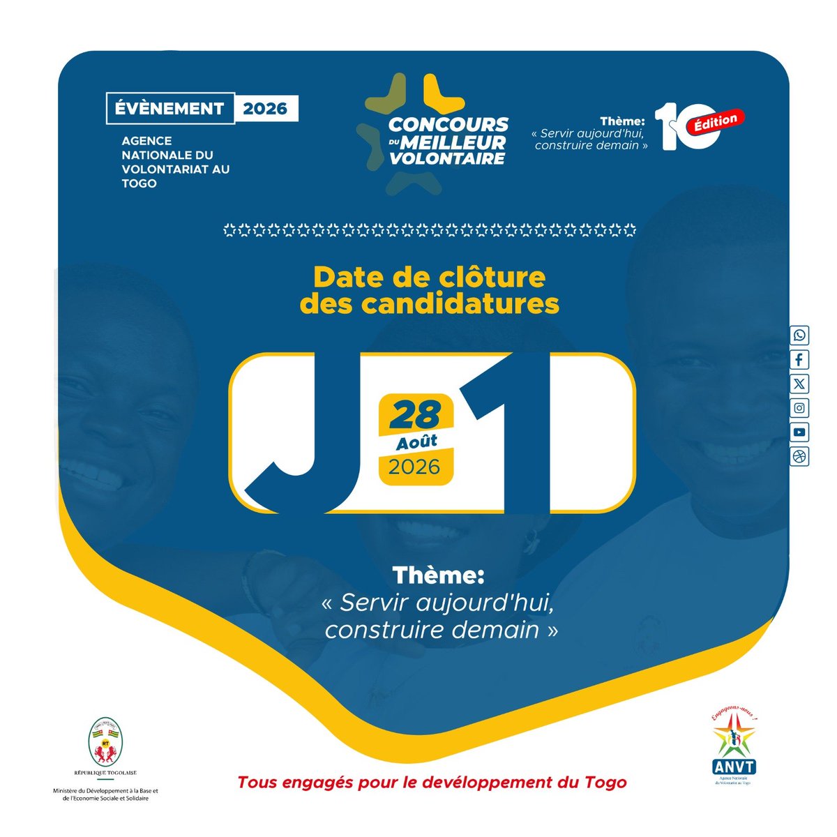 anvt_togo's tweet photo. Cher(e)s Volontaires, vous avez moins de 24 heures pour postuler au «Concours meilleur volontaire de l'année»
C'est le dernier jour pour soumettre votre candidature avant la clôture officielle, ce 28 août.
Dépôt au CRV ou auprès de votre chargé de suivi.
#ANVT https://t.co/YLkh1NXMoD