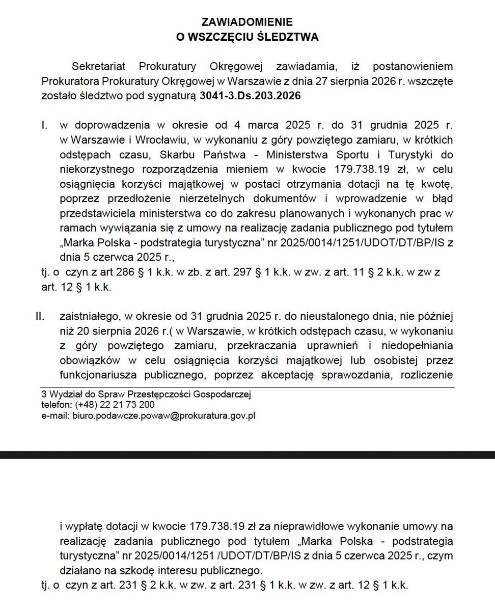 paweljablonski_'s tweet photo. Dobra wiadomość: właśnie dostałem z Prokuratury Okręgowej w Warszawie informację o wszczęciu śledztwa ws. raportu pani Mróz-Gorgoń – w wyniku zawiadomienia @RozwojPlus.

Przedmiotem śledztwa jest równocześnie:
1) po stronie autorów raportu – doprowadzenie Skarbu Państwa do niekorzystnego rozporządzenia mieniem – w wykonaniu z góry powziętego zamiaru, w celu osiągnięcia korzyści majątkowej;

2) po stronie funkcjonariuszy ministerstwa @SPORT_GOV_PL – przekroczanie uprawnień i niedopełnienie obowiązków w celu osiągnięcia korzyści majątkowej lub osobistej, poprzez akceptację sprawozdania, rozliczenie i wypłatę dotacji.

I to prawdopodobnie nie koniec.