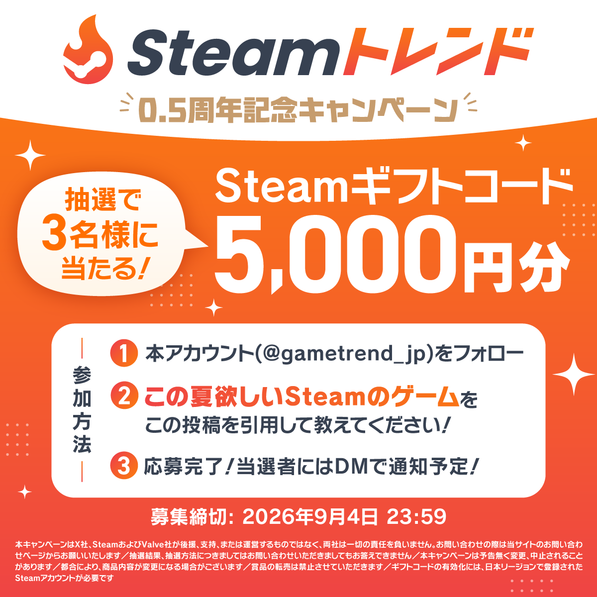 gametrend_jp's tweet photo. Steamトレンド0.5周年を記念して
「Steamギフトコード5,000円分」を3名様にプレゼント！

★応募方法（締切9/4 23:59）
1️⃣@gametrend_jpをフォロー
2️⃣「この夏欲しいSteamのゲーム」をこの投稿に引用ポスト！
当選者に後日DMで通知

次に遊ぶゲームは、Steamトレンドで見つけよう！ https://t.co/P7itKiUqI4