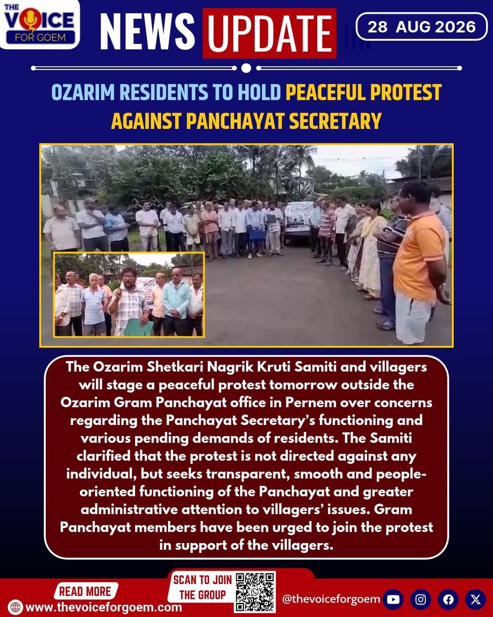 thevoiceforgoem's tweet photo. Ozarim Residents to Hold Peaceful Protest Against Panchayat Secretary
#news #goa #update https://t.co/m83lBFtPg5