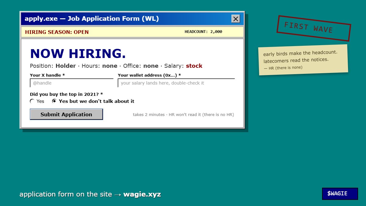 wagiecorp_rh's tweet photo. hiring season is open

Wagie Corp. is recruiting for the position of HOLDER

headcount: 2,000

form is on the site → https://t.co/Dqz7bT9O7M

early birds make the headcount
latecomers read the notices. HR (there is none) https://t.co/lOnrFeneP8