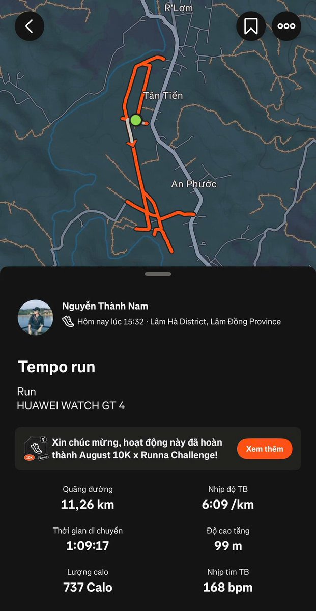 thanhnam_arc's tweet photo. Tempo hôm nay.
Không nhanh nhất, không dễ nhất. 

Chỉ là một lần nữa ép bản thân bước ra khỏi vùng thoải mái. Nắng có, mồ hôi có, tiếng thở nặng cũng có. 

Nhưng sau mỗi buổi tempo, ta lại bỏ lại một phiên bản yếu hơn của chính mình.

#Chaybo #Running #TempoRun