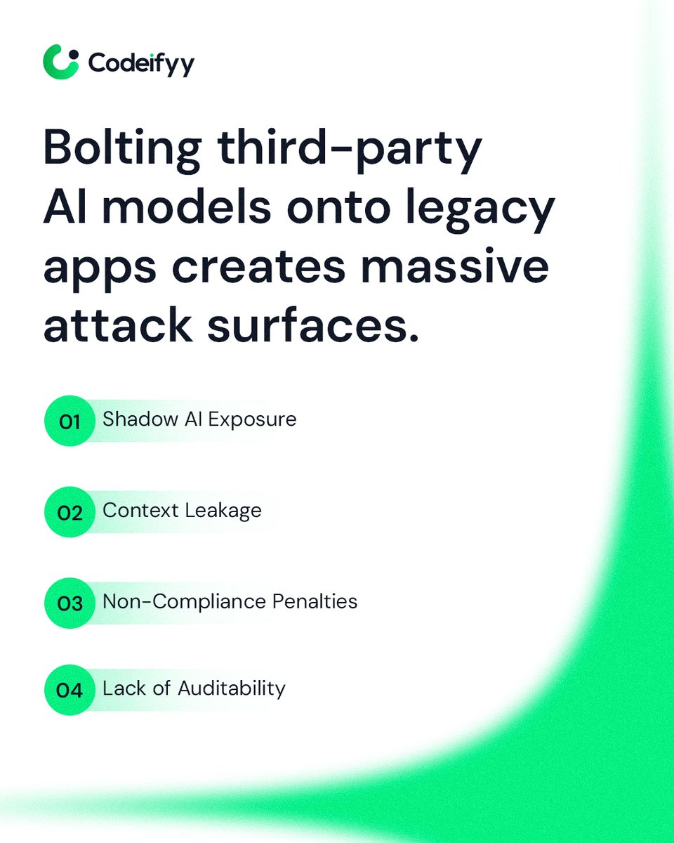Codeifyy's tweet photo. AI can scale faster than governance.

The real enterprise question is no longer whether AI can be deployed, but what it can access, decide, and execute once deployed.

Trust has to be engineered in.

Explore Solutions: https://t.co/zsSCrq8Iym

#aitrism #aigovernance #aisecurity https://t.co/pHiuIj1FnG