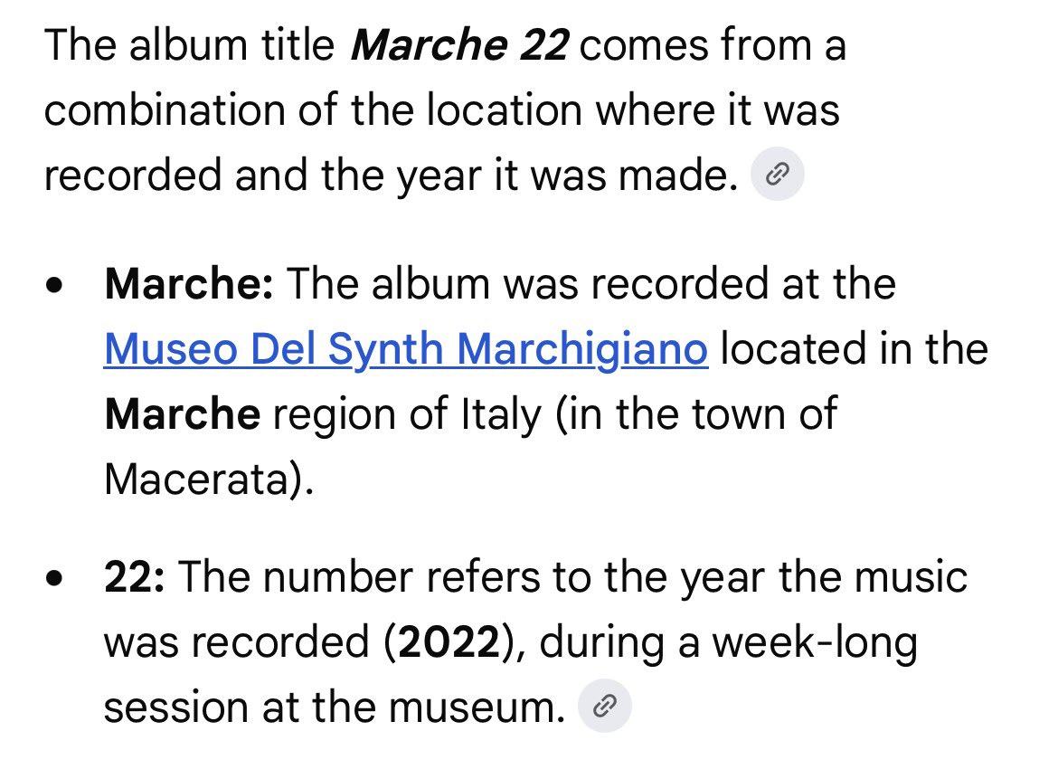 softboywheeler's tweet photo. Except Marche 22 ≠ March 22.
I fact checked the AI overview and it’s probably correct about where the album’s title came from. This was recorded in 2022 in the Marche region in Italy, Macerata specifically. I also can’t find any language in which “marche” also means March. https://t.co/0hBl50wclY