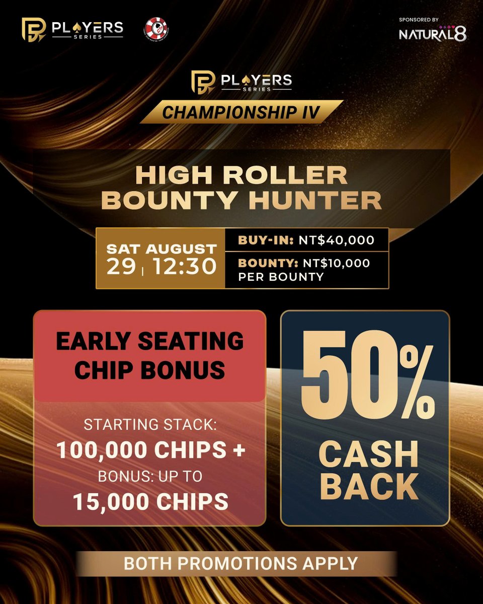 ps_poker's tweet photo. 🔥 Introducing the Early Seating Chip Bonus!

Available for Event #84: High Roller Bounty Hunter only.

Register and be seated at your table early to receive bonus chips on top of your starting stack:

🔥 Before the event starts: +15% - 15,000 chips
🔥 During Level 1: +12.5% - 12,500 chips
🔥 During Level 2: +10% - 10,000 chips
🔥 During Level 3: +7.5% - 7,500 chips
🔥 During Level 4: +5% - 5,000 chips

Re-entries are eligible too, as long as you register and are seated before the end of Level 4.

And yes, this promotion stacks with the 50% Cash Back Promotion. Qualify for both, and you receive both benefits.

The earlier you sit, the deeper you start. 🔥

Register early. Be seated early. Start with more.

----------
Players Series | Affordable · Inclusive · Player-First
🌐https://t.co/OpQffBF9v6
📍 August 19–31, Taipei
#PSC4Taipei2026 #PlayersSeries #PokerTournament