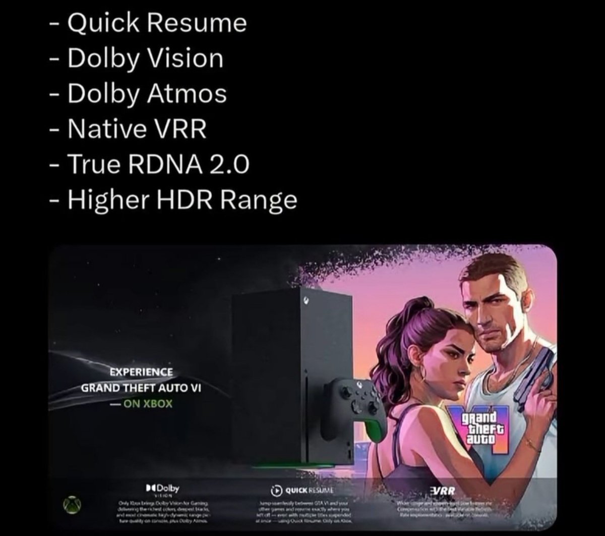 AnaAnsan3's tweet photo. Seeing all the disappointment about GTA 6’s rough FPS on PS5…

Here are the GTA 6 features exclusive to #XBOX that actually elevate the experience and make the game shine.

#XBOX is the perfect place to play GTA 6 💚 https://t.co/1KWpisRRvD