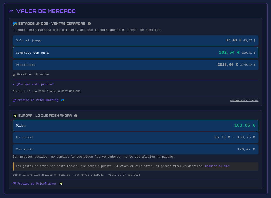 CrucetaPlay's tweet photo. Nueva mejora añadida a la web de Game Collector Pal https://t.co/gjZSYobSvb. Ahora no solo se verá el valor de mercado a través de PriceCharting (mercado EEUU), tambien se verá el valor de venta en Europa, lo que se pide,a nivel Europeo, porque hay diferencia entre el mercado Europeo y el de EEUU, a través del servicio de PriceTracker. Asi tendremos aún más información de nuestros juegos :)

Buen viernes!!