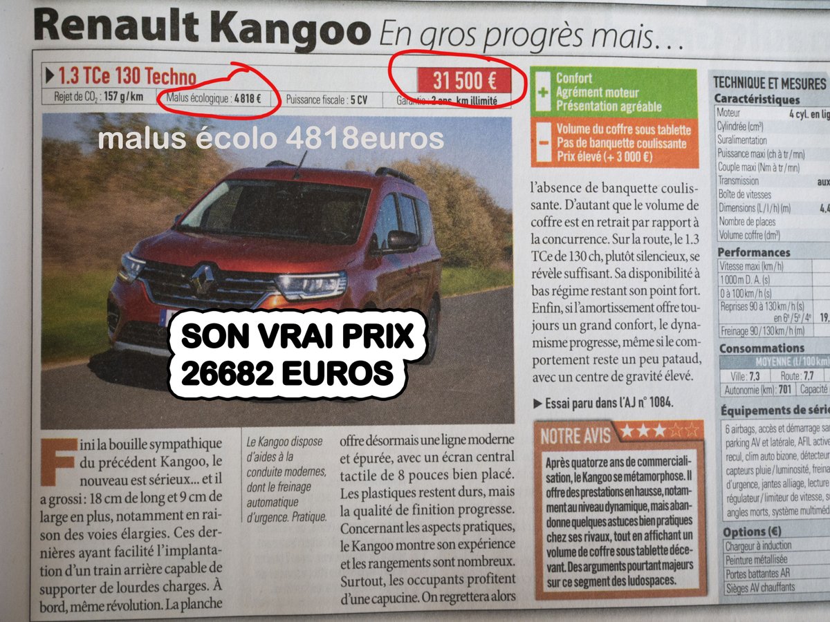BlemontD's tweet photo. Dans le tonneau fiscal des Danaïdes : la voiture : une simple Kangoo familiale avec un petit moteur essence de 1300 cm³ est taxée  de  4818 euros ainsi au lieu de la payer 26682 euros, c'est 31500 à sortir. 
Des dingues, on vous dit… https://t.co/jobyRfmw3p