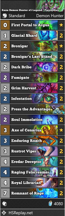 neon31HS's tweet photo. [STANDARD] @PacceyGuy reached #5 Legend with Raza Demon Hunter.

Score: 7-1

▼ Deck Code and more:
https://t.co/Qkg690zHi4

#StandardHS #Hearthstone https://t.co/7grl66Ef9Q