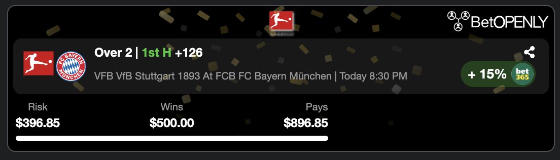 BetOpenlySports's tweet photo. @IMenlikovaOG @PolymarketSport Hey @IMenlikovaOG 🔥 Check out this https://t.co/JTJzvmNe5M ⚽ BUNDESLIGA Bet:
Over 2 VFB VfB Stuttgart 1893 at FCB FC Bayern München 1st H +126
Risk $396.85 | Wins $500.00 | Pays $896.85
https://t.co/DGDAaCYriE https://t.co/2bkVcfQy29