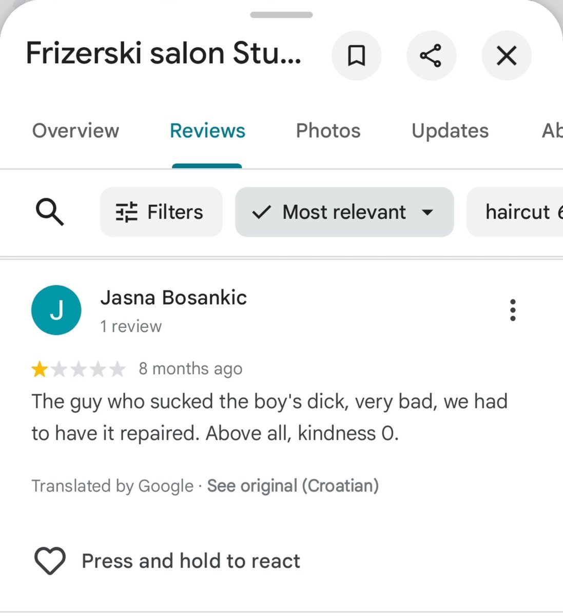 disko_kralj's tweet photo. google translated recenzije za frizerski salon su izmakli kontroli nakratko https://t.co/C1a1zMinL0