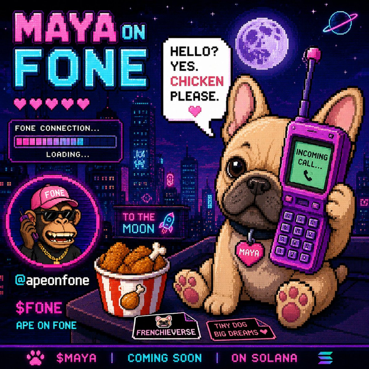 thefrenchievers's tweet photo. everyone is on fone.

Maya has one important call to make. 📞🐶

“hello? yes. chicken please.” 🍗

@apeonfone

#FONE #Solana https://t.co/TprpBrLoh5