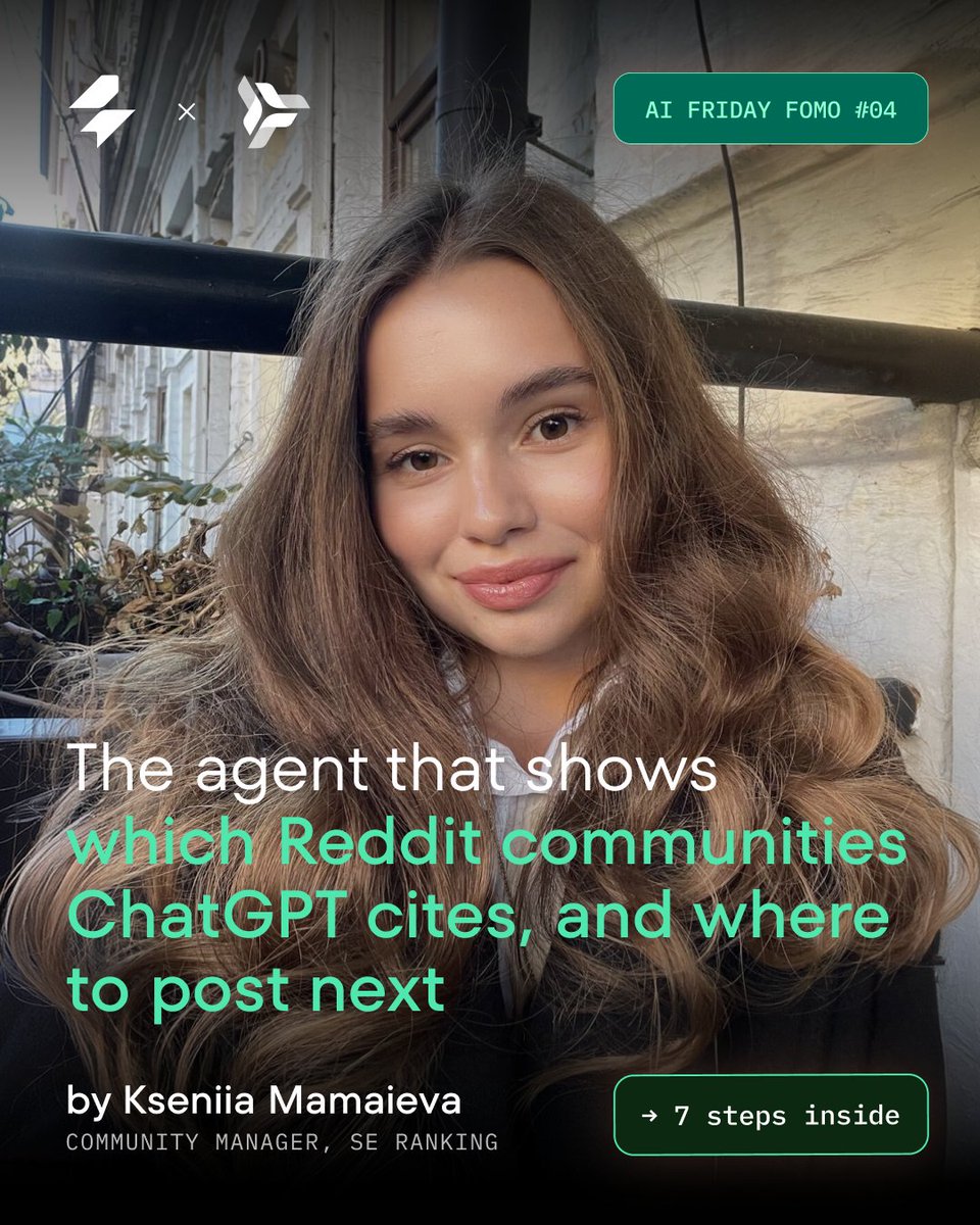 PlanableApp's tweet photo. ChatGPT is quietly telling you where to post next. Most brands just aren't reading it.

Welcome to AI Friday FOMO #04.

This one was built by Kseniya Mamaeva, our Community Manager. It's an agent that finds which Reddit communities ChatGPT actually cites for your topics, and tracks how that shifts week to week.

→ @SERanking reads @ChatGPT's answers and their cited sources in the AI Result Tracker, and compares this week against last week
→ It pulls every URL ChatGPT cited, keeps only the Reddit links, and groups them by community (counting each post once, so repeats don't skew the numbers)
→ It ranks the communities and flags what's rising, falling, or gone
→ @NotionHQ logs every community as a weekly row, building a clear trend over time
→ @SlackHQ gets a digest with the top communities and where to focus next
→ @claudeai is the agent connecting all of it

Why it matters: LLMs lean on Reddit hard when they answer questions about your category. If you don't know which communities they trust, you're guessing where to show up. This turns that guess into a ranked list that updates every week, so your community and content efforts land where AI is actually looking.

And it's not just a community-team thing. Anyone doing AI-search visibility, content, or brand should know which rooms the models are quoting.

All 7 steps are in the carousel.

Want this exact setup? Comment "AI Friday" and we'll send it over.

Same series, every Friday.