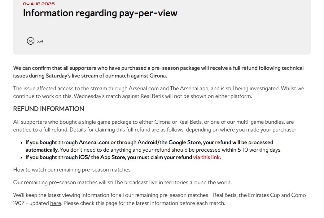 stereohaven's tweet photo. A quick search suggests I'm not the only Gooner still waiting on a £9.99 refund @Arsenal, a month after buying access to the failed pre-season streaming pass via https://t.co/MlJU6vlw1t. Any update? https://t.co/vM5gSDdTxe