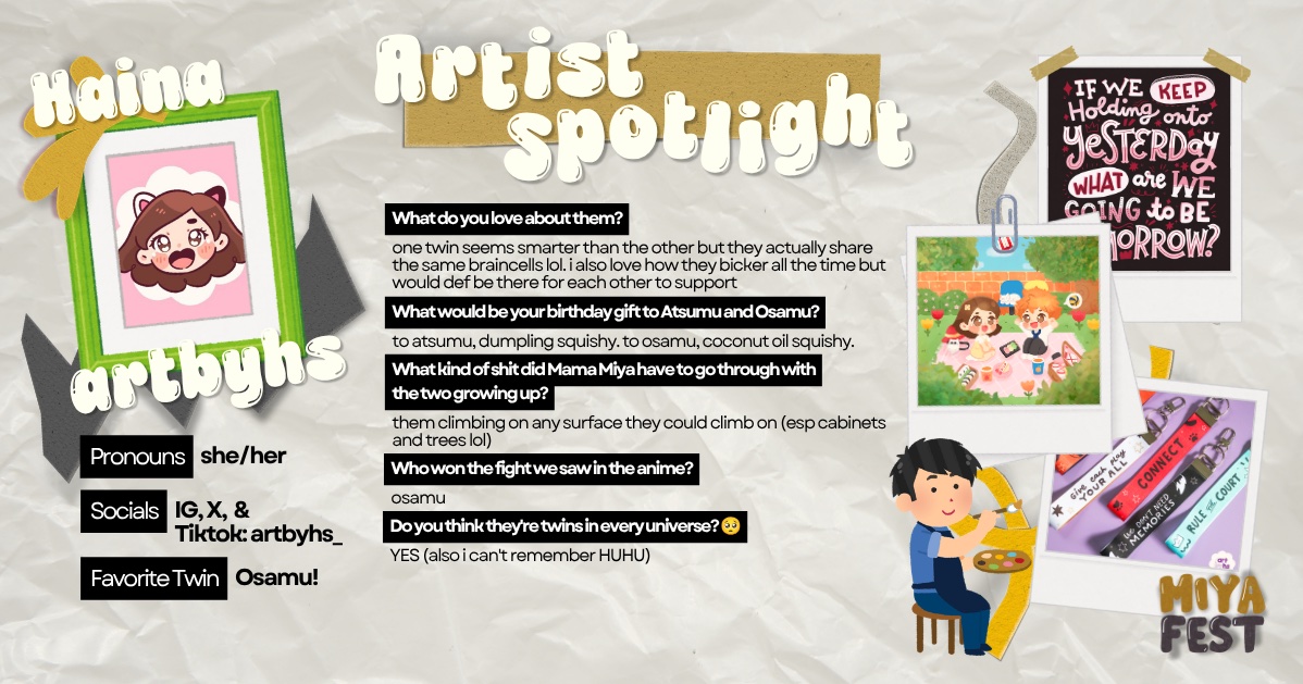 inarizakicse's tweet photo. #MiyaFestCSE Artist Spotlight: HAINA 🎨

Tonight, we're kicking off the side of our lineup responsible for the most adorable pieces ever with a favorite for local cons, @artbyhs_! 😚 Prepare to feel cuteness aggression for pieces that you just want to bite into!🥺

#MiyaTwinsCSE https://t.co/qHfh03ANEz