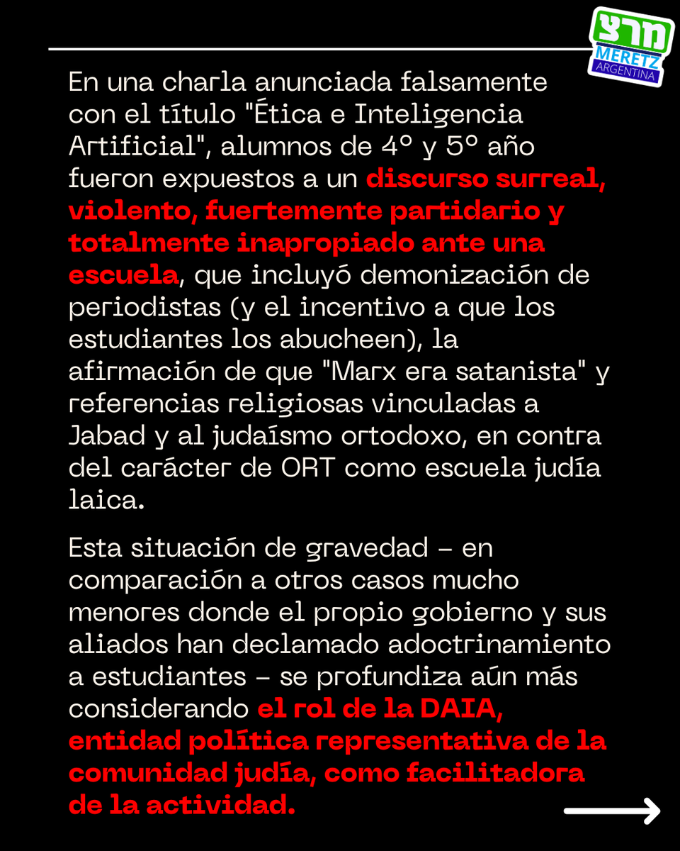 MeretzArgentina's tweet photo. Condenamos el discurso de Javier Milei en la Escuela ORT (1/2) https://t.co/Khs9ov3CgZ