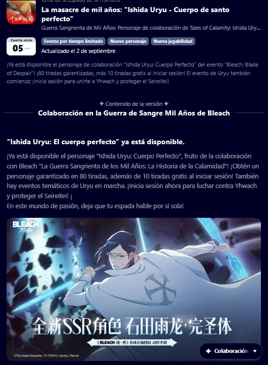BleachSR_ESP's tweet photo. [Lanzamiento Ishida]

Segun la web de Taptap parece ser que NO habrá retraso y saldrá este miercoles dia 2 de septiembre
(Esperemos que ya con Uryu todo vuelva a la normalidad sin mas inconvenientes)

#bleach #bleachsr #bleachsoulresonance https://t.co/769gvEgS3u