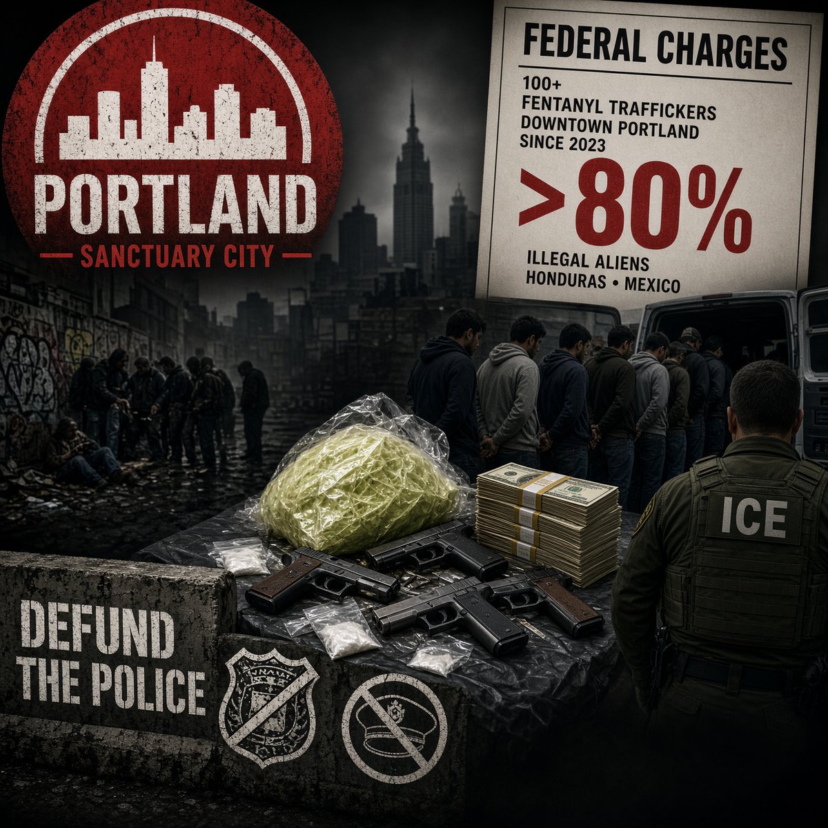 AinsworthKeith's tweet photo. Sanctuary city Portland just got the memo the rest of us already knew.

Over 80% of the 100+ fentanyl traffickers federally charged downtown since 2023 are illegal aliens from Honduras and Mexico.

100 kilos seized. Enough poison to kill Oregon 11 times over. 40 guns. $1.3 million in cash.

Open-air drug markets. Overdoses. Dead Americans.
This isn’t “migrants seeking a better life.” This is what happens when you refuse to enforce the border and then defund the cops who have to clean it up.

Mass deportation isn’t optional. It’s the only way this stops.