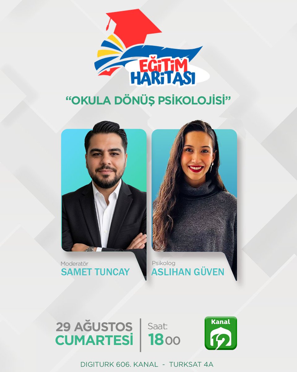 kanalonikitv's tweet photo. 📚 Eğitim Haritası’nda bu hafta: “Okula Dönüş Psikolojisi”

🎙️ Samet Tuncay
🧠 Psikolog Aslıhan Güven
📅 29 Ağustos Cumartesi
⏰ 18.00
📺 Kanal 12
📡 Digiturk 606 | Türksat 4A

#Kanal12 #EğitimHaritası #OkulaDönüşPsikolojisi https://t.co/R1RUE2LXlX