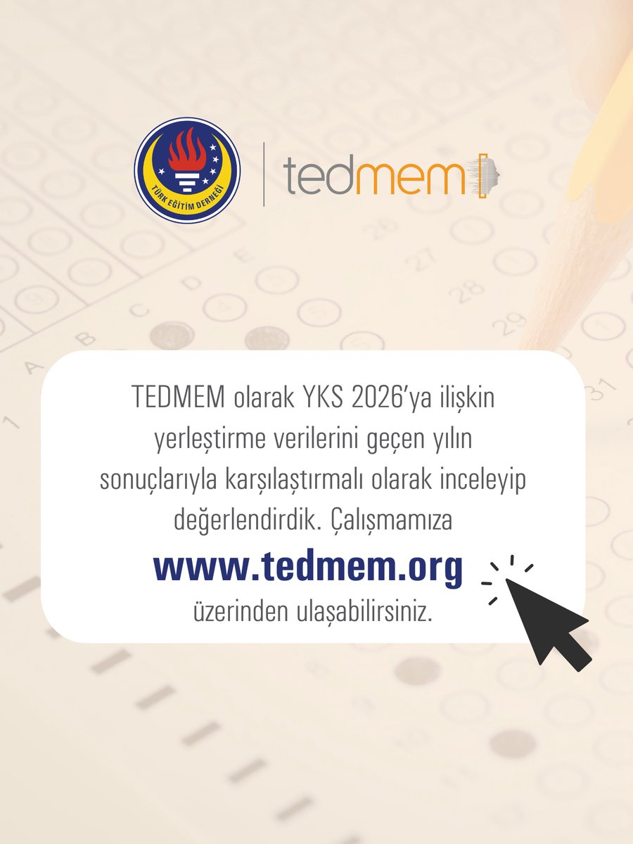 tedmem's tweet photo. TEDMEM olarak YKS 2026’ya ilişkin yerleştirme verilerini geçen yılın sonuçlarıyla karşılaştırmalı olarak inceleyip değerlendirdik. Çalışmamıza https://t.co/K2BUfiRAzN üzerinden ulaşabilirsiniz. İyi okumalar dileriz. https://t.co/oERm3ZHecN