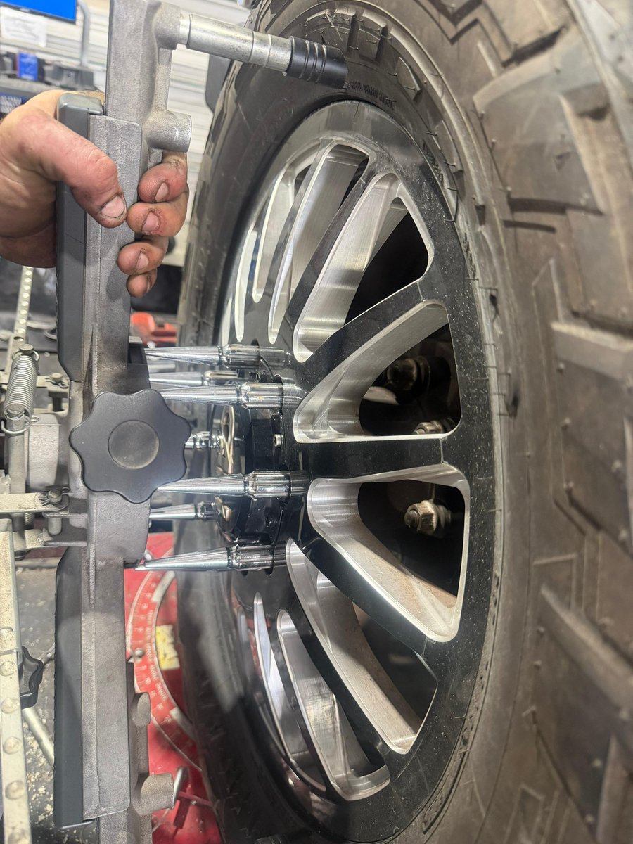 DieselBABE20's tweet photo. What would you do if you’re the shop trying to do an alignment and the customer has aftermarket lug nuts on the wheels that prevent you from even getting the sensors over the wheels? You literally can’t perform the alignment.
I’d like to hear thoughts and suggestions.
Is it the shop’s responsibility to figure it out… or is it the customer’s responsibility to provide stock equipment so the service can actually be done properly?