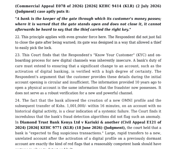 Esq_Dalmas_J's tweet photo. Hon Kerubo in James Njoroge v Stanbic Bank Kenya Limited SCCCOMM E6743 of 2026 has delivered Jurisprudential masterpiece in banking industry.

The Judgement has elevated the standards in which banks must exercise their KYC policy on the ground that suspicious conduct and transactions must be flagged off by the bank's own security system as they are contrary to the known and usual conduct of the client. 

Aaah! Nice. Except that this Judgement is from the lowest of courts thus binds no Superior courts, but it is well analyzed.