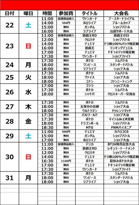 batoloco_knzw's tweet photo. 本日もご来店頂きありがとうございました!
明日は10時OPEN!

明日の大会は

11:00 #デュエマ カナロコCS 500円
15:00 #GCG ショップバトル 無料
17:00 #ホロカ ショップ大会 無料
 
ご来店お待ちしてます♪
#カナロコ https://t.co/q1RjVnwq1W