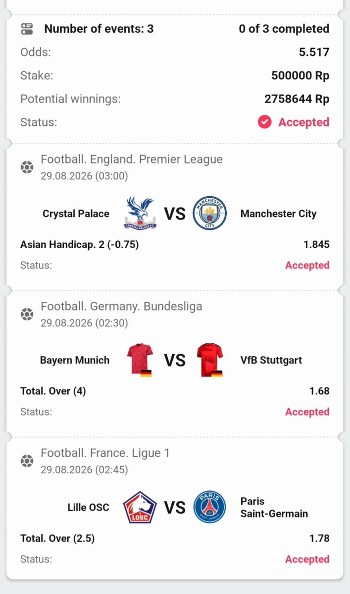 tipster_parlay's tweet photo. BILL PARLAY FREE
Kode:
RBGKJ
P5GKJ
Follow agar tidak ketinggalan bill jp lainnya
#parlay #prediksiparlay #tipsparlay #football #bet #bettingtips #Betting
#1xbet #melbet #dbbet https://t.co/M2L79UPXFq