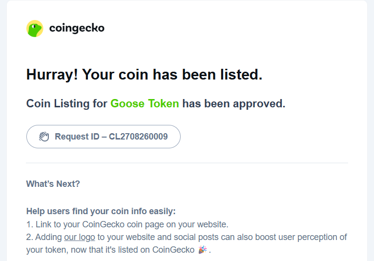 Gooseflok's tweet photo. @coingecko thnak you for fast response and list us.

Let's go for the next https://t.co/Aw3bBDSw3F