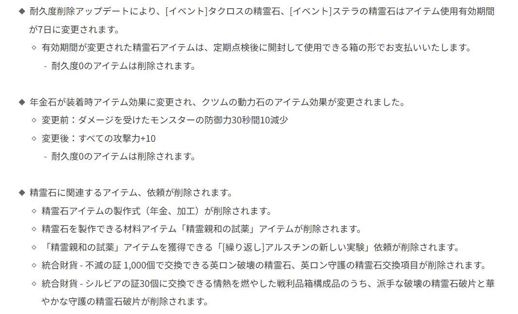 serara2015's tweet photo. 錬金石の耐久そのものが削除、オンオフする必要が無くなる

今後は装備するだけで効果が発揮されるように

タクロスとステラを使用すると７日の制限が付く

クツムドーナツは攻撃+10に

錬金石チャージアイテムは削除され、シルバーになる

万物のオーラ作成はカプラスの粉に変更 https://t.co/e3HjTAMO2H