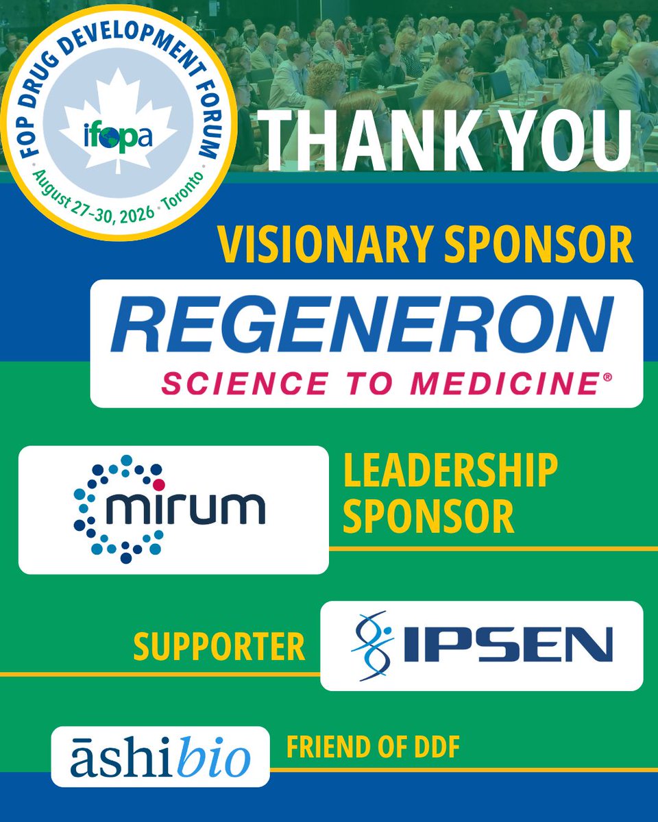 ifopa's tweet photo. The 7th FOP Drug Development Forum Kicks Off Tonight! 🎉🔬

We're thrilled to welcome researchers, clinician scientists, and industry partners from around the world to Toronto for the 7th FOP Drug Development Forum!

None of this would be possible without our sponsors' generous support. Thank you to:

VISIONARY SPONSOR
Regeneron

LEADERSHIP SPONSOR
Mirum

SUPPORTER
Ipsen

FRIEND OF DDF
āshibio

Your partnership helps bring together the global FOP community to share research, foster collaboration, and accelerate progress toward better treatments and, one day, a cure. 💙

Here's to a productive and inspiring few days ahead! 🔬✨ #FOPResearch #ResearchProgress #TranslationalResearch